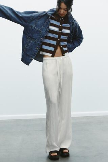 ZARA БРЮКИ ПРЯМОГО КРОЯ СО ШНУРКАМИ, ЖЕЛТОВАТО-БЕЛЫЙ