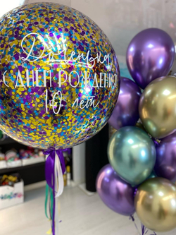 Воздушные шары гигант конфетти хром бирюза/золото/фиолетовый №567