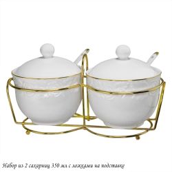 Lenardi 109-169 Набор из 2 сахарниц 350мл с ложками на подставке БЕЛАЯ РОЗА в под.уп.(х12)Фарфор