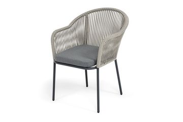"Лион" стул плетеный из роупа, каркас из стали темно-серый (RAL7024) муар, роуп серый меланж круглый, ткань серая 017