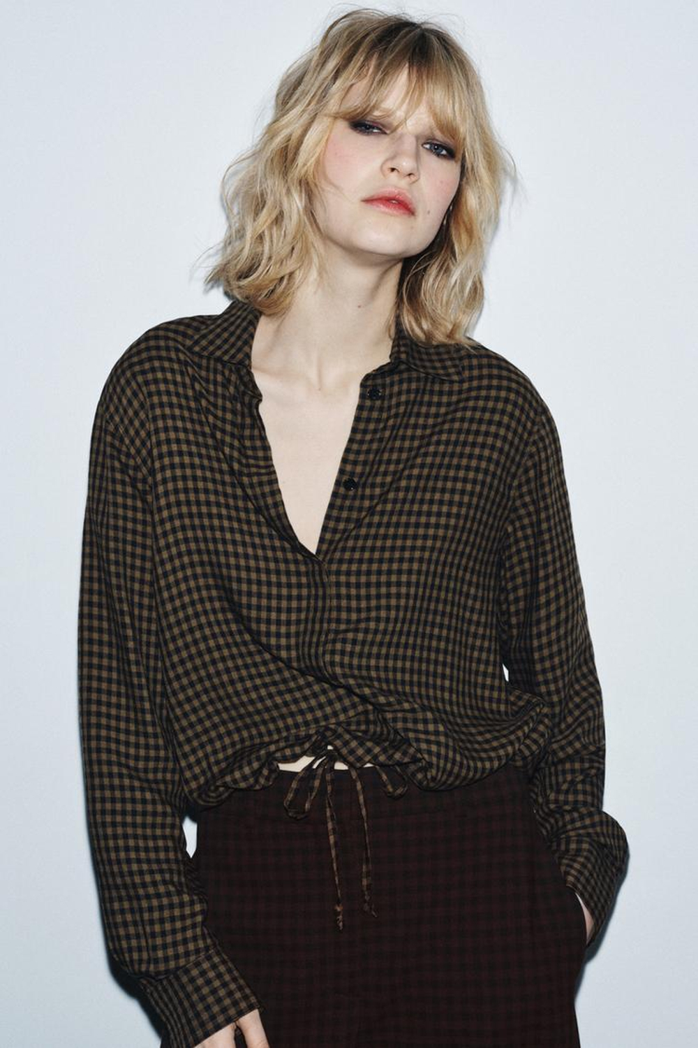 ZARA БЛУЗА В КЛЕТКУ ВИШИ — ZW COLLECTION, ЧЕРНЫЙ/КОРИЧНЕВЫЙ