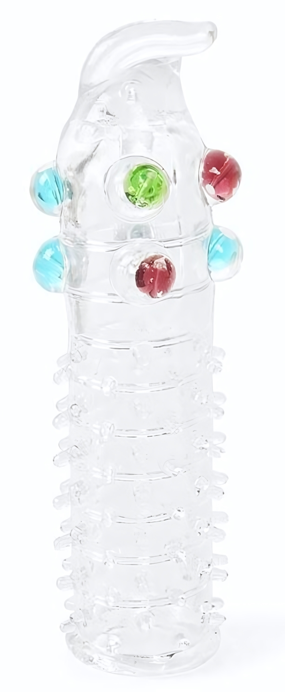 Закрытая прозрачная насадка на пенис с выпуклостями и отростком - 12 см. (Цвет: прозрачный)