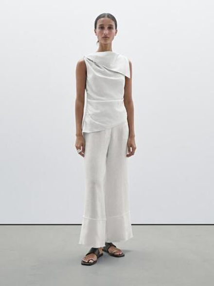 Massimo Dutti Льняные бесшовные брюки прямого кроя, натуральный
