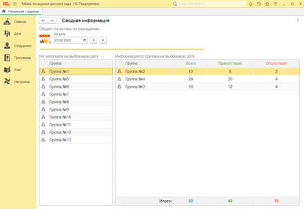 Конфигурация программы для системы "1С:Предприятие": «Табель посещения детского сада»