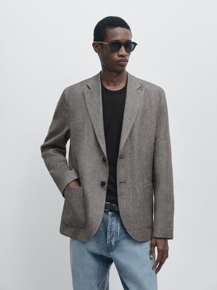 Massimo Dutti Приталенный блейзер из смесовой льняной ткани в елочку, серый меланж