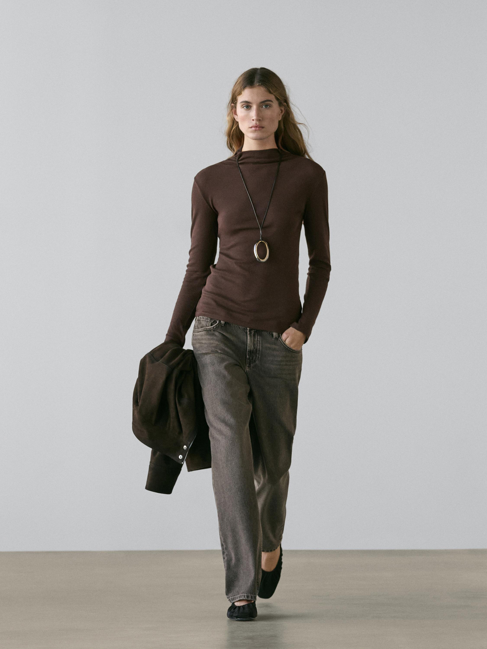 Massimo Dutti Хлопковая футболка в рубчик с длинными рукавами, коричневый