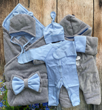 Комплект на выписку 6 предметов велюр "Мишка" (Цвет: Серо-розовый)