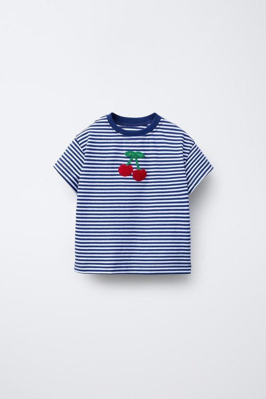 ZARA ФУТБОЛКА В ПОЛОСКУ С НАШИВКОЙ, СИНИЙ