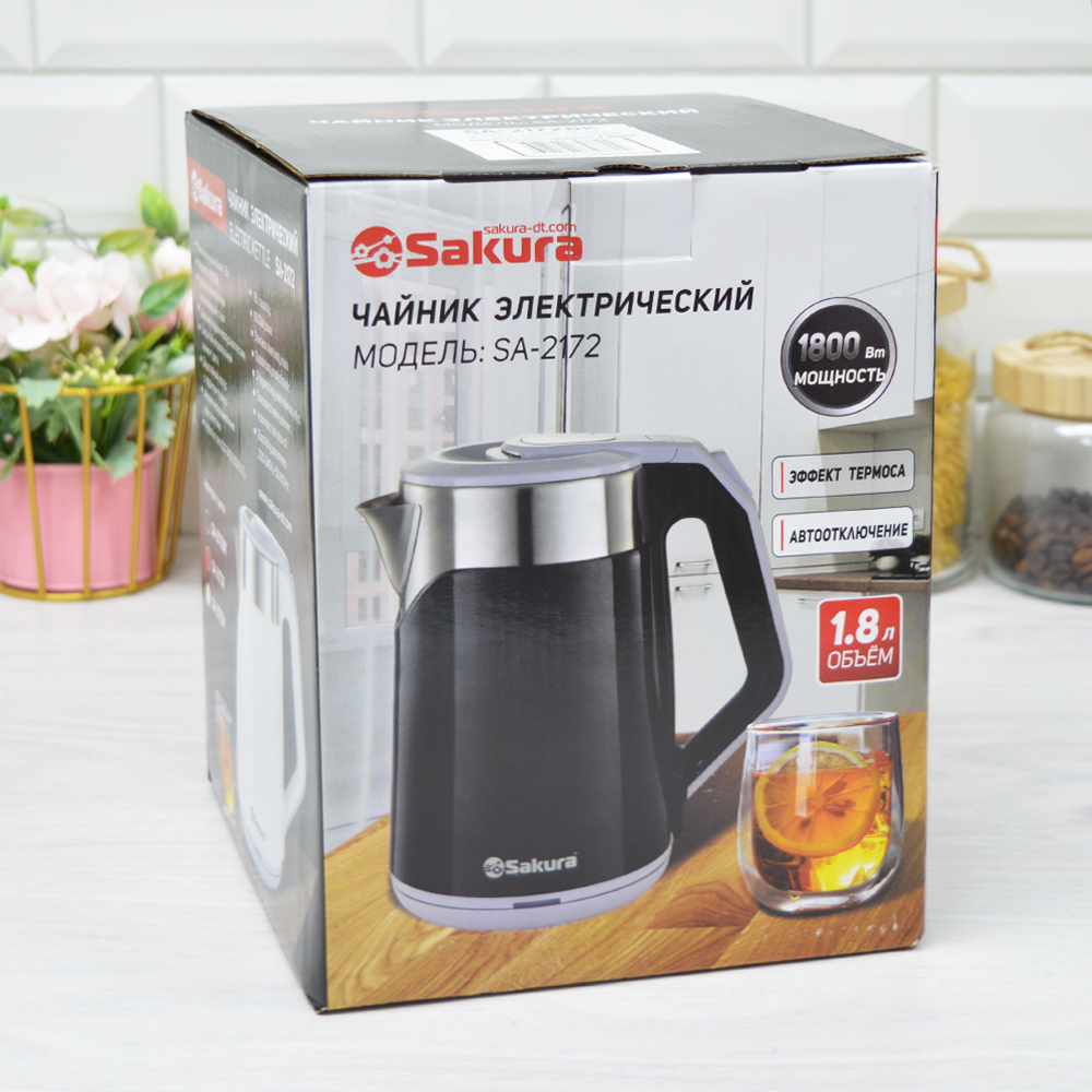 Чайник электрический 1,8л Sakura SA-2172BK, цвет нерж.сталь/черный