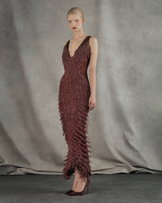 Платье миди из сатина с отделкой из бахромы