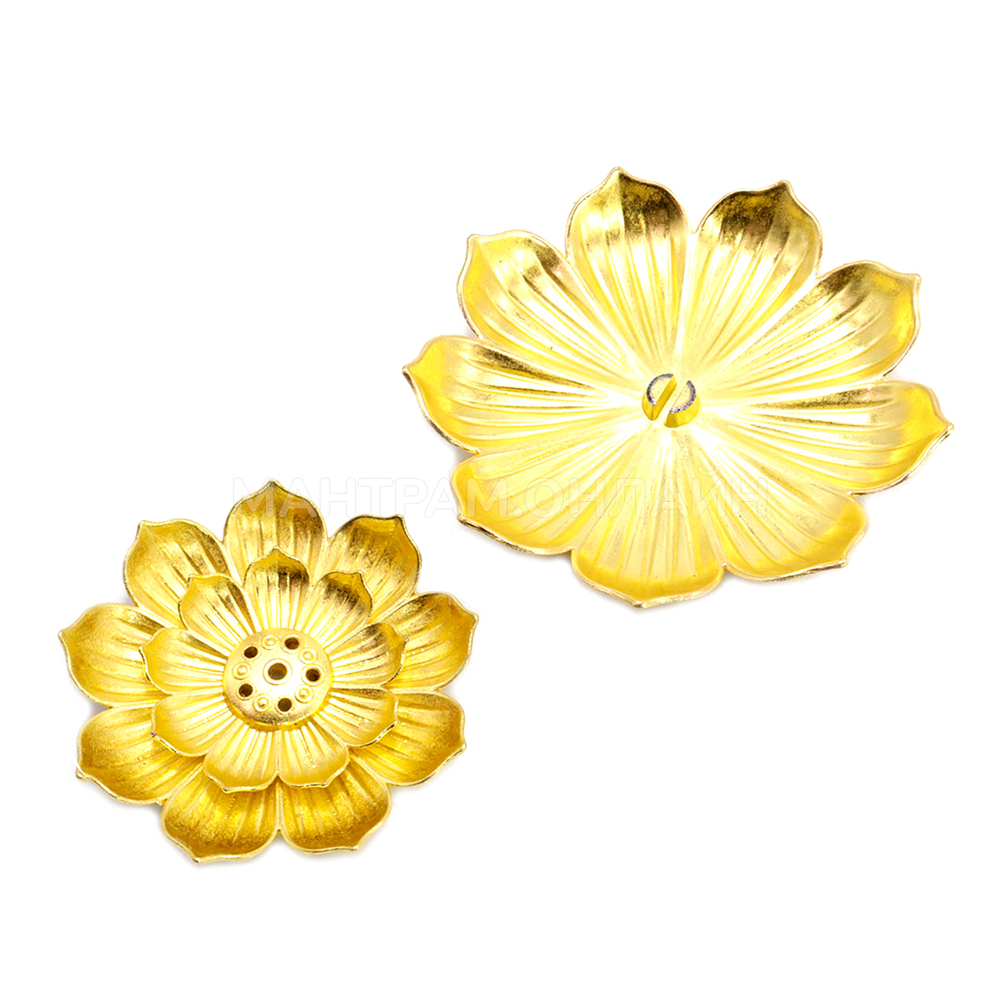 Подставка под благовония цветущий Лотос большой цвет золотистый, металл силумин 8 см