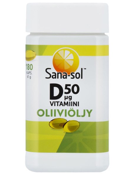 Sana-sol Витамин D 50 мкг Капсулы с оливковым маслом 180 капсул/61 г, Санасол Не содержит лактозу и глютен