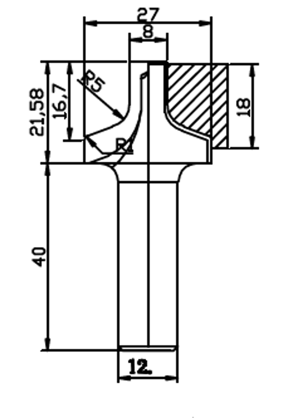 PCD профильная фреза D.27x12 21.58x40 Z2