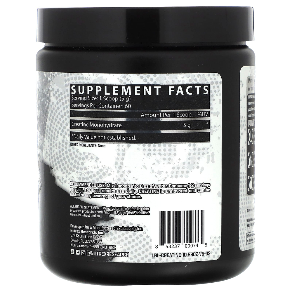 Nutrex Research, моногидрат креатина, без вкусовых добавок, 300 г (10,58 жидк. унции)