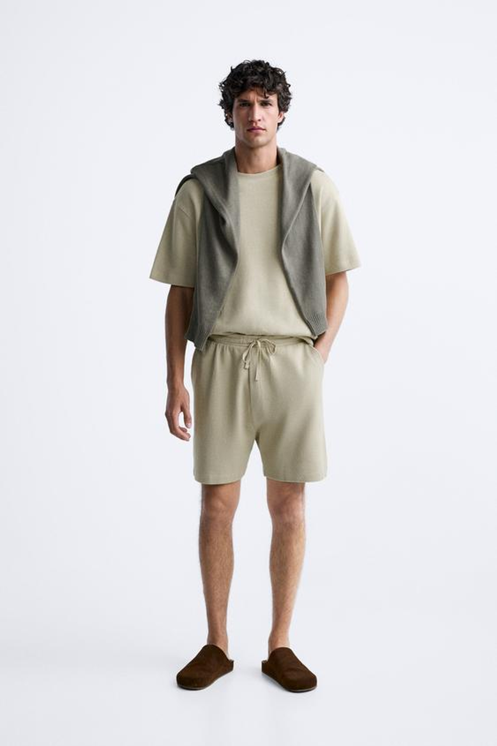 ZARA ФУТБОЛКА ИЗ ТКАНИ SOFT TOUCH В РУБЧИК, СВЕТЛО-ПЕСОЧНЫЙ