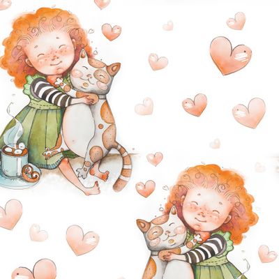 Девочка с котенком. Пастельные теплые оттенки. Акварельная иллюстрация.