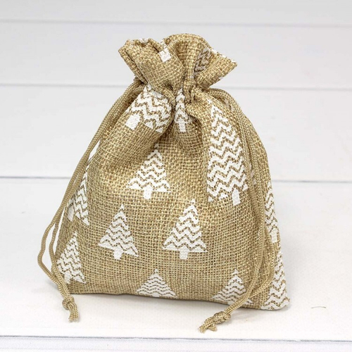 Мешочек 12 х 15 см "Елки" с рисунком искусственный лен (коричневый)