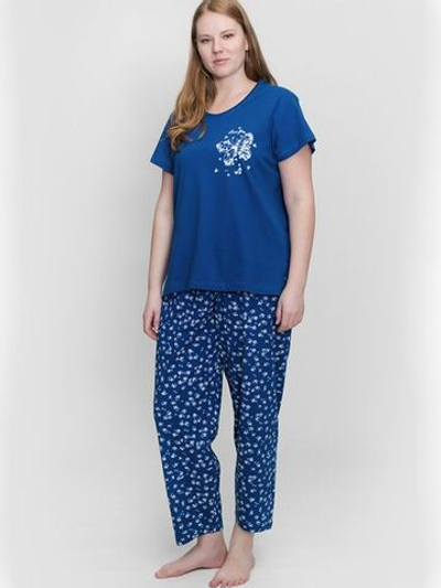 Свободный пижамный комплект с бабочками (Размер: 4X) (Цвет: темно-синий)