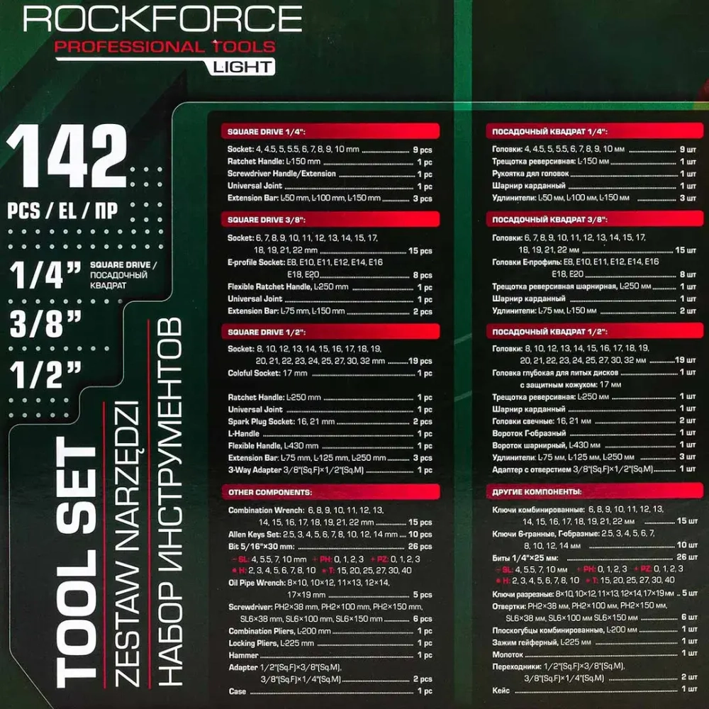 Набор инструментов 142пр. 1/4'', 3/8'', 1/2''(6гр.) RockFORCE LIGHT RF LIGHT-41421-5