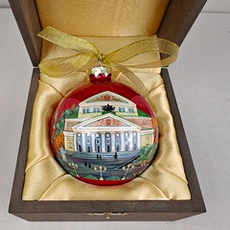 Шар новогодний с круговой росписью Палех "Москва. Большой театр" на красном в футляре