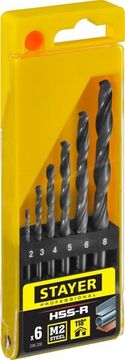 STAYER HSS-R, 6 шт, (2-8 мм), быстрорежущая сталь P6M5, класс В, набор сверл по металлу, Professional (29602-H6)