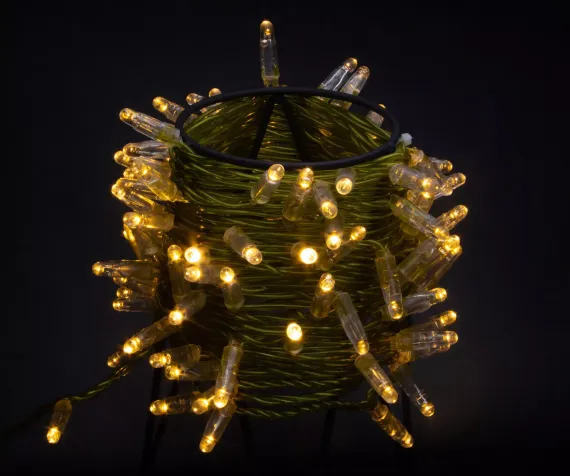 Светодиодная нить 100 теплых белых LED ламп, 10 м., 24В, статика, золотой провод ПВХ, Teamprof (TPF-S10C-24V-CGd/WW)