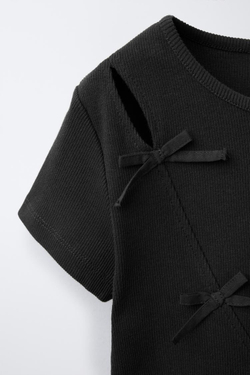 ZARA ФУТБОЛКА В РУБЧИК С БАНТАМИ, АНТРАЦИТОВО-СЕРЫЙ