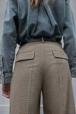 ZARA БРЮКИ «ГУСИНАЯ ЛАПКА» С РЕМНЕМ, РЫЖЕВАТО-КОРИЧНЕВЫЙ