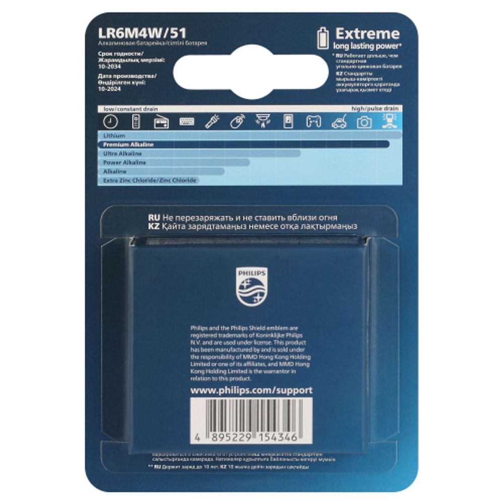 Батарейки Philips LR6M4W/51 АА алкалиновые 1,5v 4 шт. LR6-4BL Premium (4/48/144/17280)