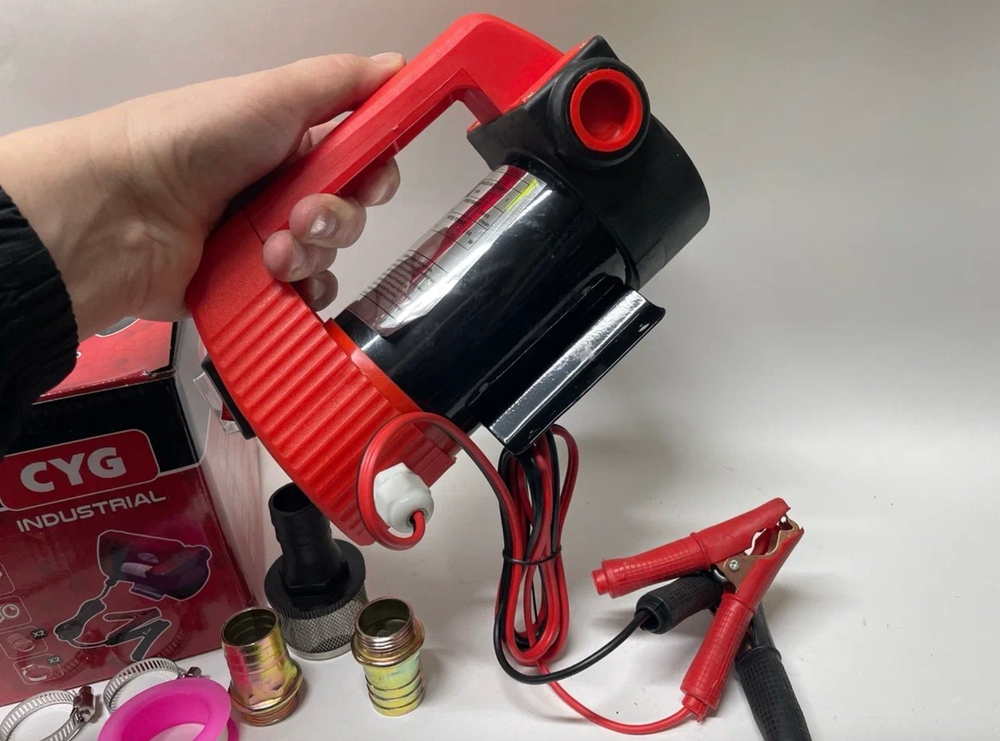 Насос (24 вольт) электрический для перекачки жидкости 24В (20-50Л/МИН) Пластиковая ручка. Красный 2,4кг (В21хШ18хД27см)вес3,595