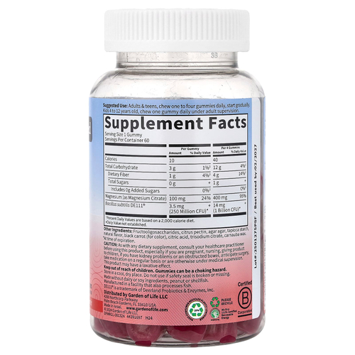Garden of Life, Магний с пребиотиками и пробиотиками, жевательные мармеладки, малина, 60 жевательных таблеток