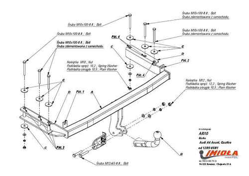 Фаркоп IMIOLA A.010 Audi A4 седан/универсал 1994-2001(паспорт и сертификат в комплекте)(без электрики)