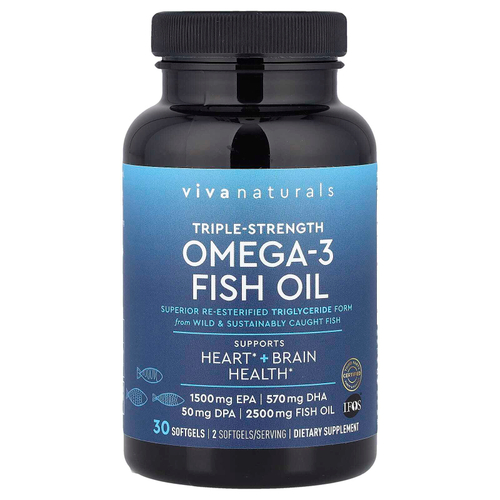 Viva Naturals, Рыбий жир с омега-3, тройная эффективность, 2500 мг, 30 мягких таблеток (1250 мг в каждой капсуле)