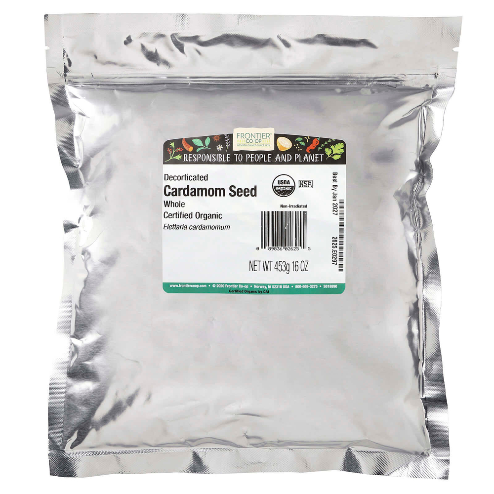 Frontier Co-op, Органические цельные семена кардамона, очищенные от коры, 453 г (16 унций)