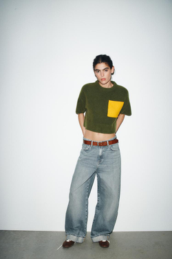 ZARA ТРИКОТАЖНЫЙ ДЖЕМПЕР С КОРОТКИМ РУКАВОМ, ЗЕЛЕНЫЙ