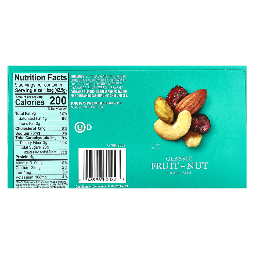 Sahale Snacks, смесь орехов и сухофруктов, классические фрукты и орехи, 9 пакетиков по 42,5 г (1,5 унции)