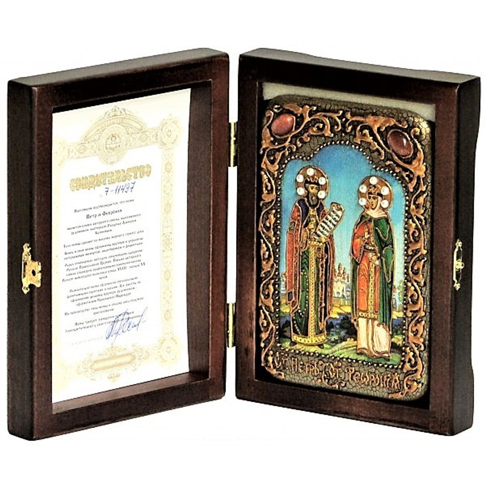 Инкрустированная Икона Петр и Феврония 15х10см на натуральном дереве, в подарочной коробке