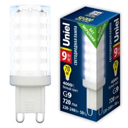LED-JCD-9W-4000K-G9-CL GLZ09TR Лампа светодиодная. прозрачная. Белый свет 4000К. Картон. ТМ Uniel.
