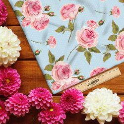 Ткань шифон нежные розы на голубом