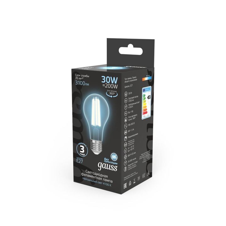 Лампа светодиодная филаментная Gauss E27 30W 4100K прозрачная 102902230