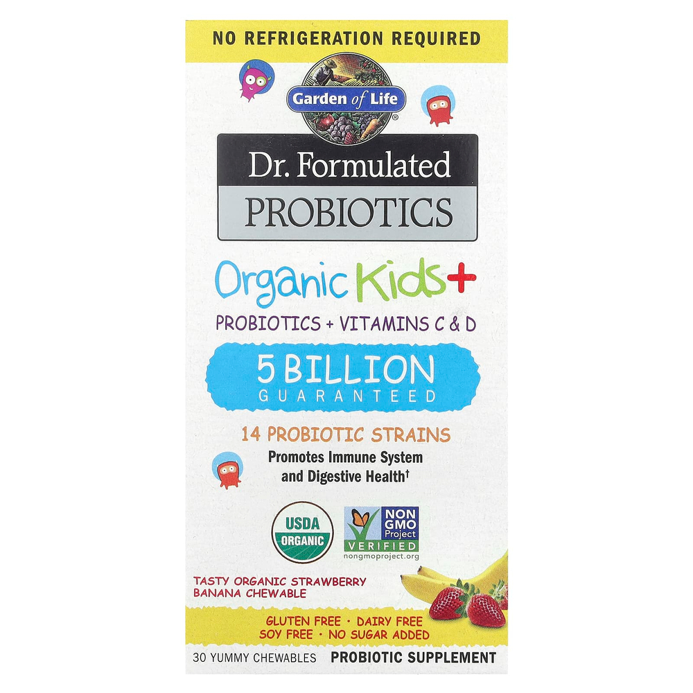 Garden of Life, Компания Dr. Formated Probiotics, органические жевательные таблетки для детей, вкусная органическая клубника и банан, 30 вкусных жевательных таблеток
