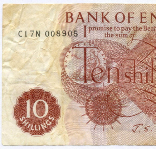 Банкнота Англия 10 шиллингов 1967 год C17N 008905 (подпись J.S.Fforde). F-VF