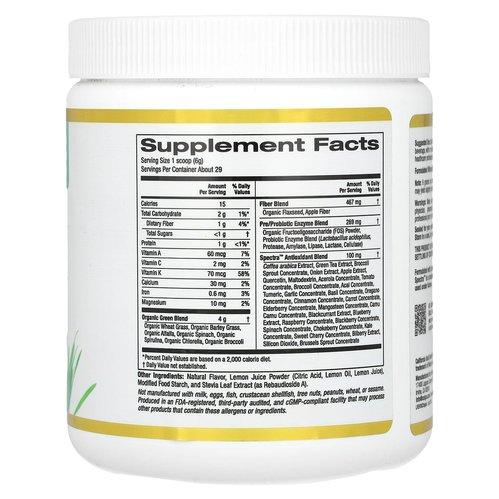 California Gold Nutrition, Superfoods, антиоксиданты из суперзелени с клетчаткой, смесь пребиотиков и пробиотиков, смесь антиоксидантов Spectra™, клубничный лимонад, 171 г (6,03 унции)