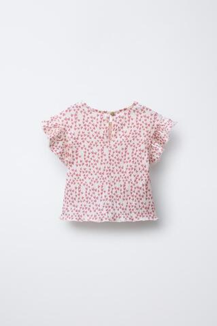 ZARA ФУТБОЛКА С ТЕКСТУРНЫМИ ВОЛАНАМИ И СЕРДЕЧКАМИ, ЭКРЮ/РОЗОВЫЙ