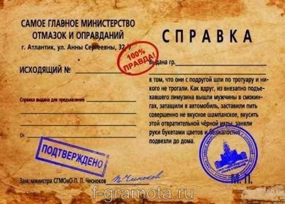 Справка-отмазка "Шли с подругой никого не трогали…"