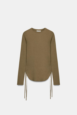 ZARA ФУТБОЛКА В СТИЛЕ РУСТИК СО ШНУРОВКОЙ, ТАБАЧНО-КОРИЧНЕВЫЙ