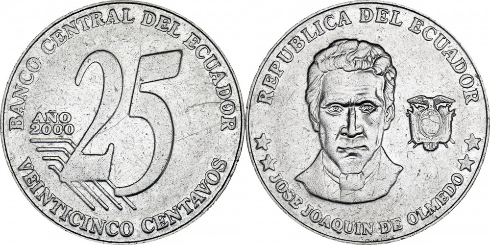 Эквадор 25 сентаво, 2000 Хосе Хоакин де Ольмедо XF