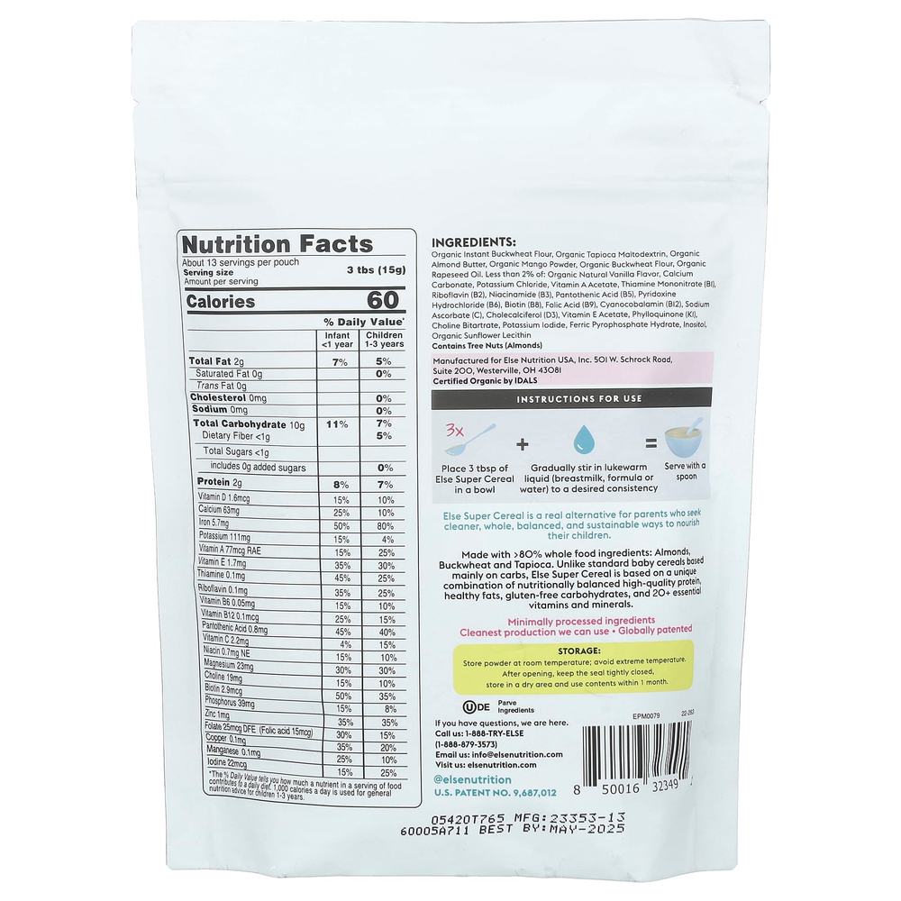 Else, Baby, растительный миндаль и гречка, супер злаки для детей от 6 месяцев, манго, 198 г (7 унций)