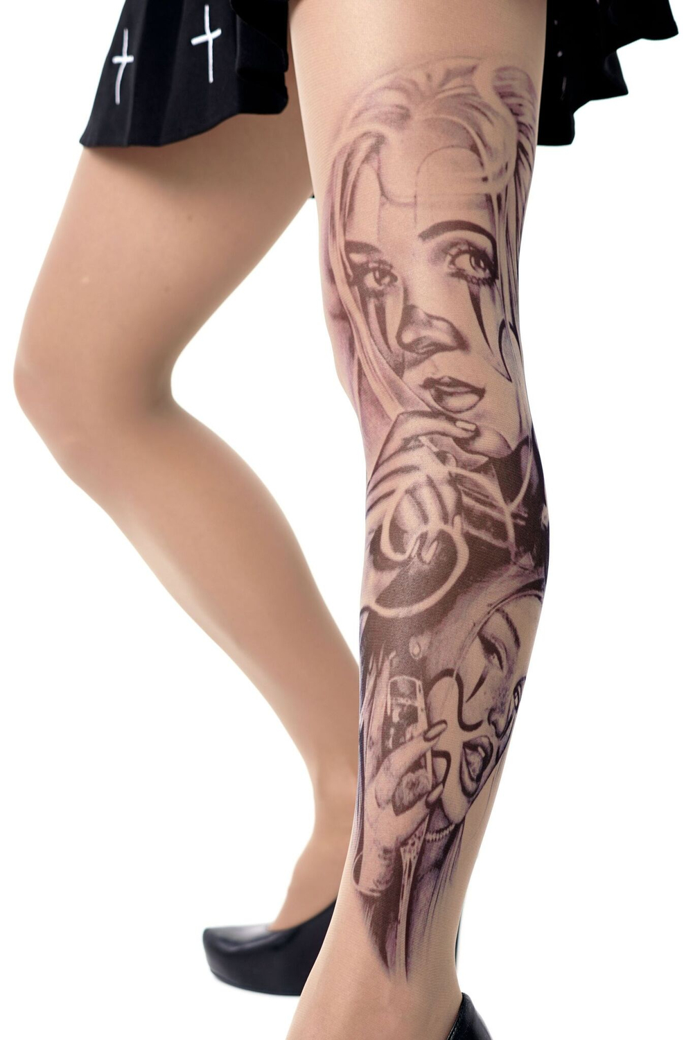 Колготки с имитацией тату в виде клоунесс (Размер: S-M-L) (Цвет: бежевый)