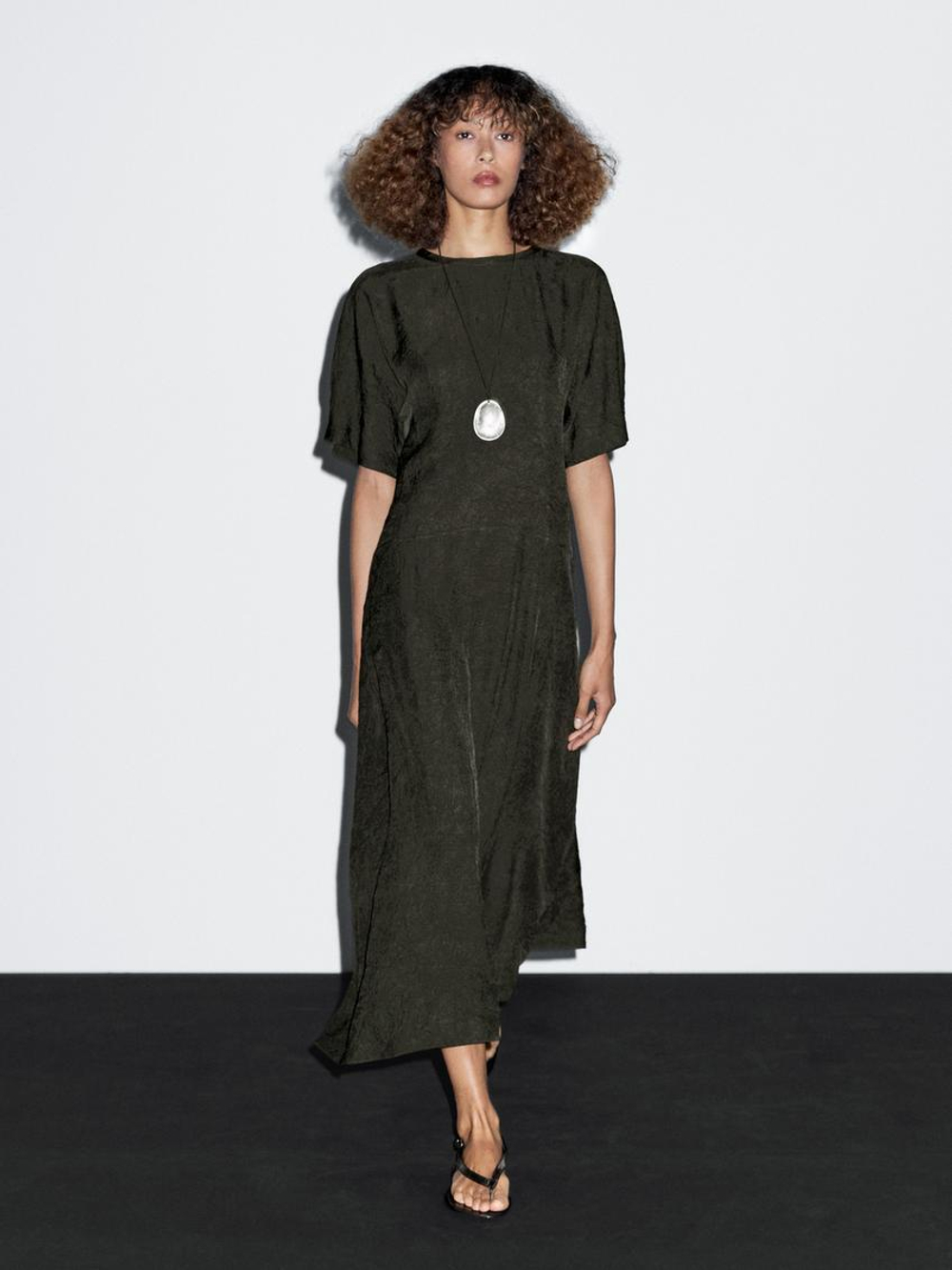 Massimo Dutti Длинное платье из сатина с короткими рукавами, бирюзовый